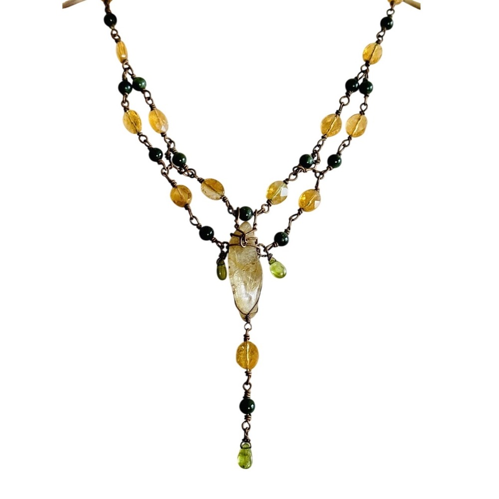 Copper Brutalist Mod Y-drop Necklace Vtg Jade Citrine Peridot Beads Natural 18"‎